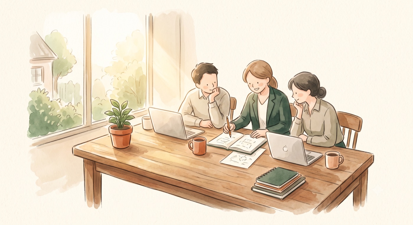木のテーブルを囲み、相談する人たちと伴走するパートナーの温かい手描き風イラスト