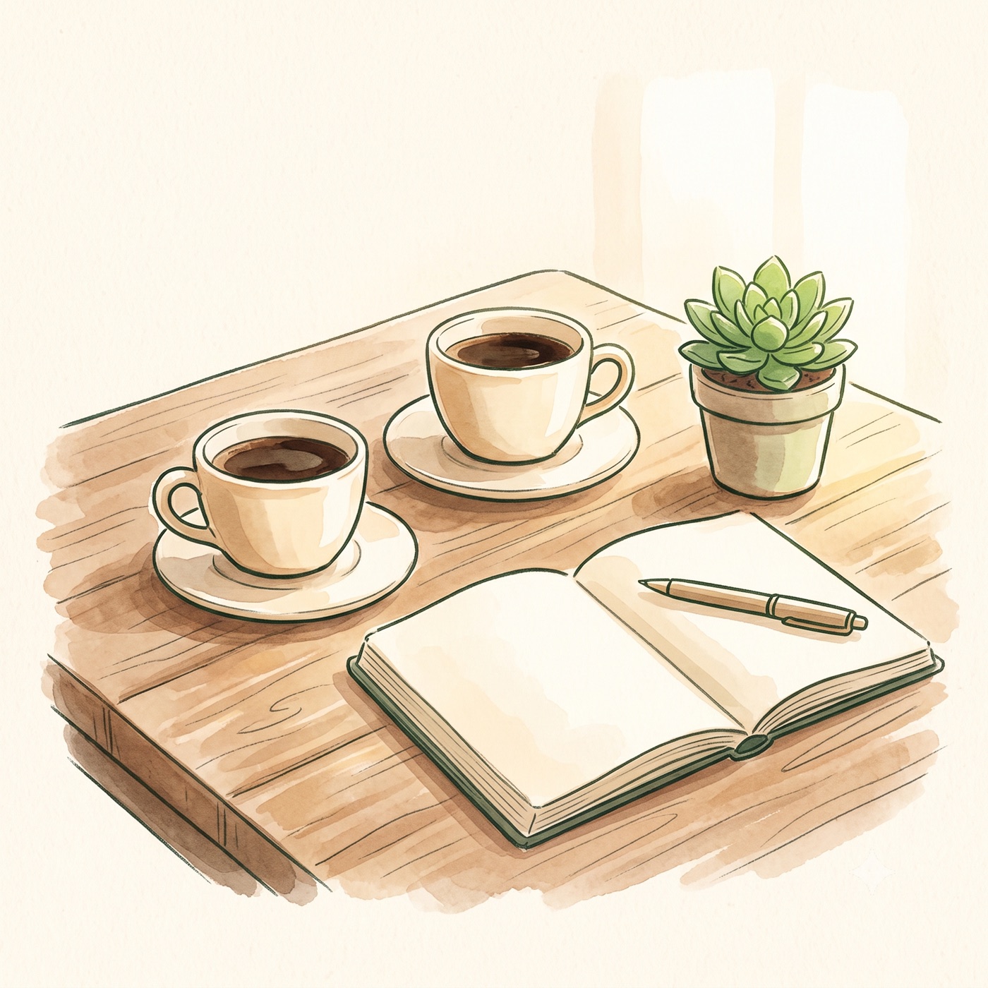 コーヒーカップとノートが並ぶ、ヒアリングのイメージイラスト